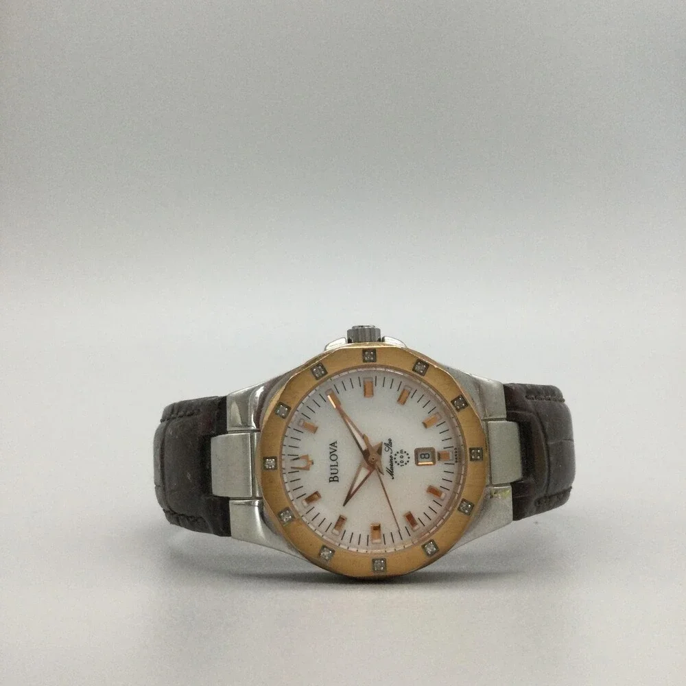 Bulova Marine Star Womens Watch 30mm Brown Leather 98R93 NOT RUNNING FOR PARTS